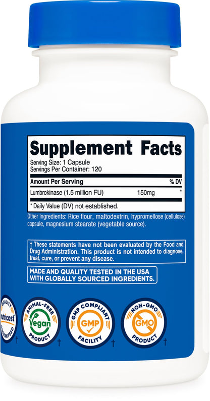 Nutricost Lumbrokinase Capsules 150 mg (120 Capsules) - Gluten-Free, Vegan, GMO-Free