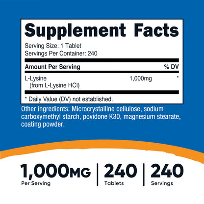 Nutricost L-Lysine 1000mg - 240 Servings | Gluten Free, Non-GMO, Vegetarian Friendly