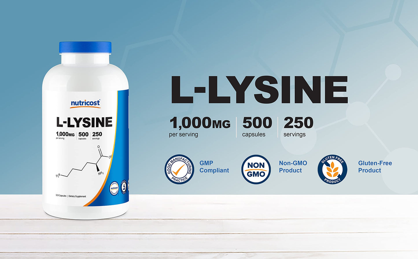 Nutricost L-Lysine 1000mg per Serving – 250 Servings, 500 Capsules – Gluten Free & Non-GMO