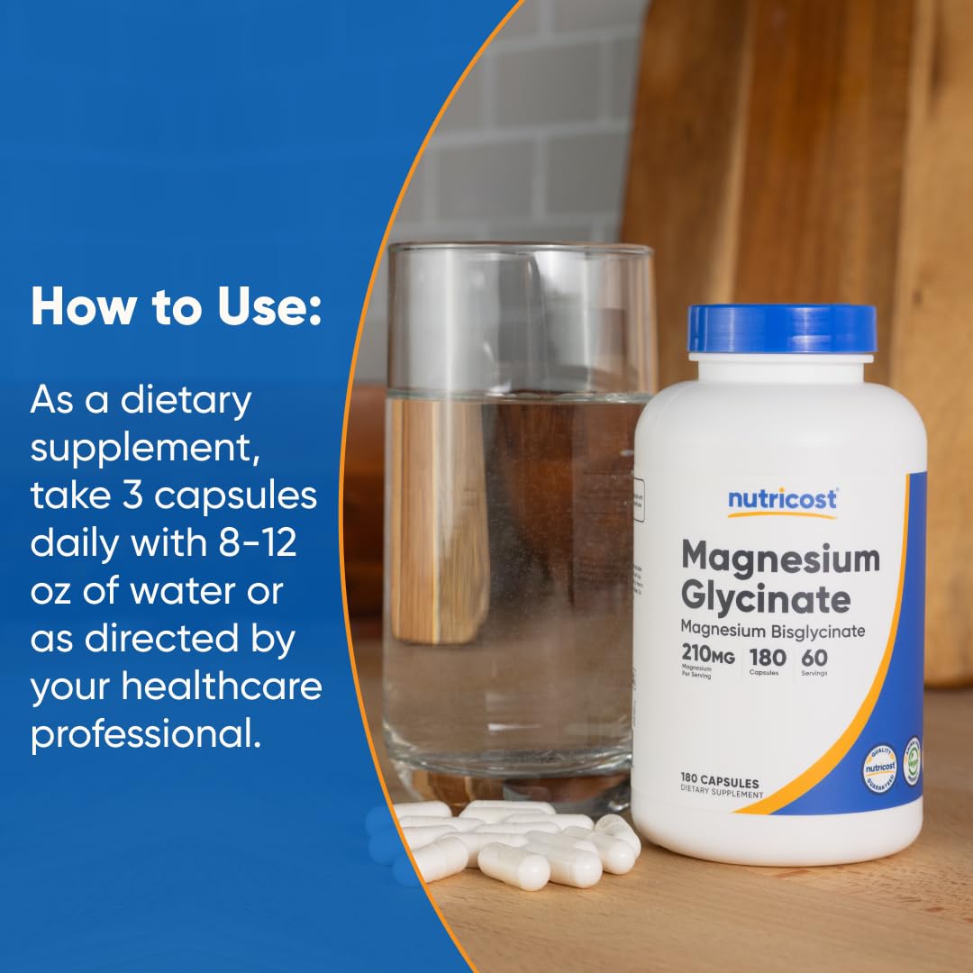 Nutricost Magnesium Glycinate Capsules - 180 Capsules, 210 mg per Serving, Gentle Absorption