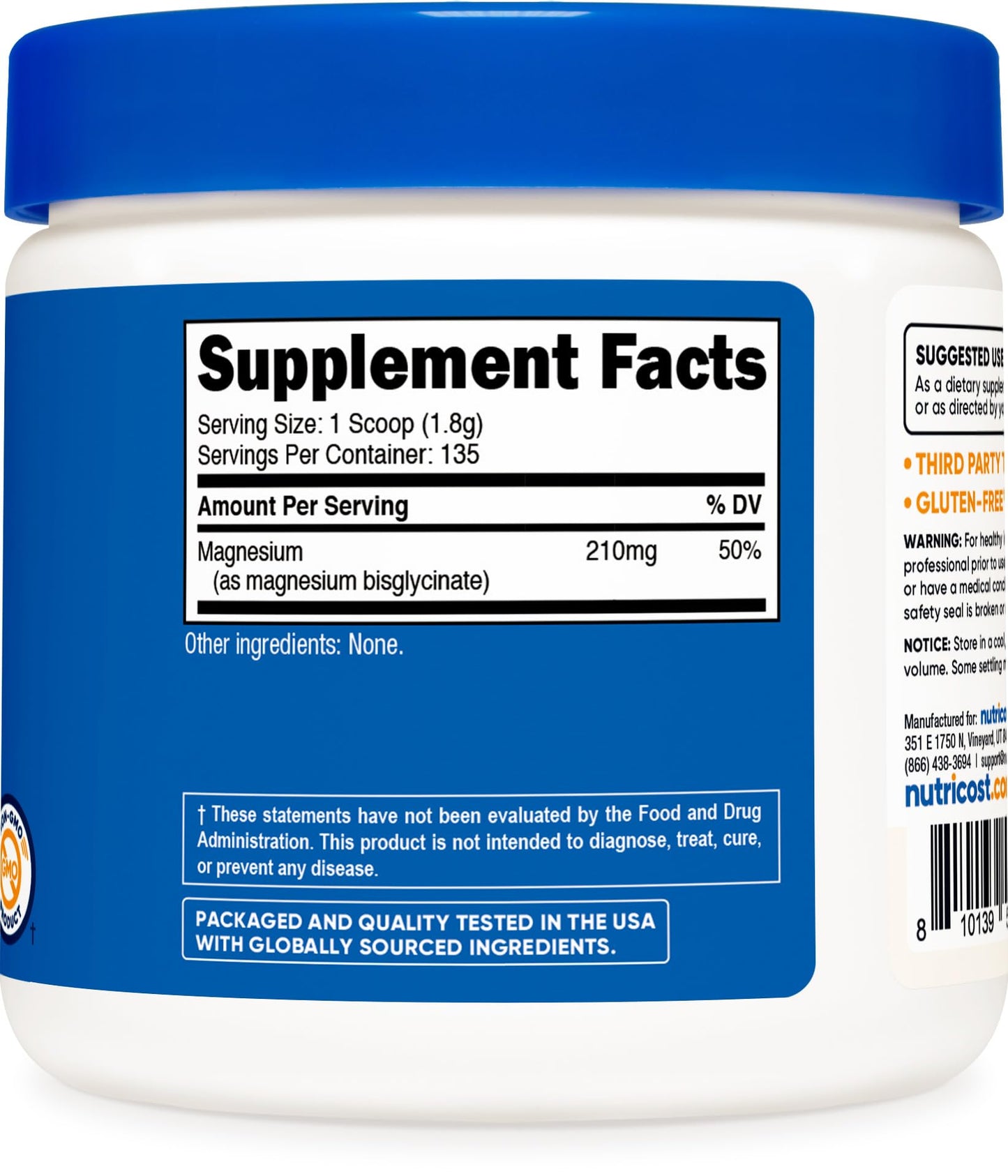 Nutricost Magnesium Glycinate Powder 250g – Unflavored, 210 mg per Serving