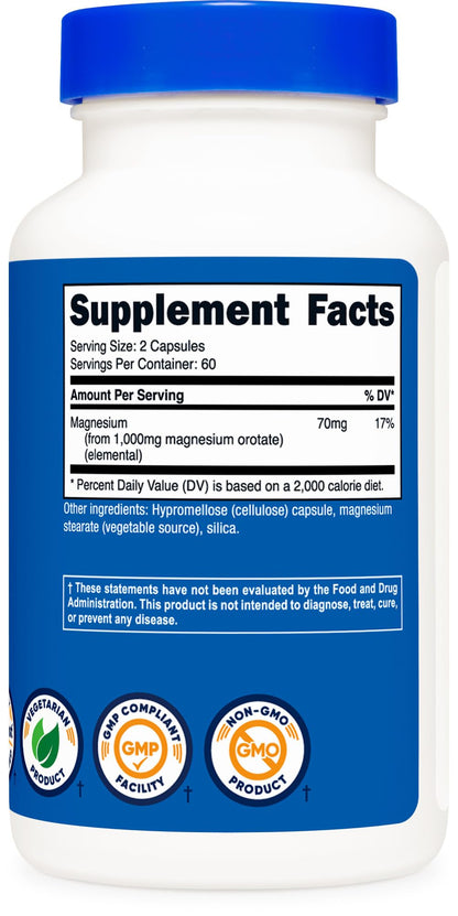 Nutricost Magnesium Orotate Capsules 1000mg – 120 Caps (Pack of 2) | 60 Servings per Bottle | 500mg per Capsule | Non-GMO, Gluten Free