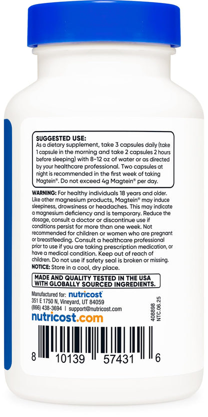 Nutricost Magtein Magnesium L-Threonate 2000mg, 90 Capsules – Gluten Free, Vegetarian