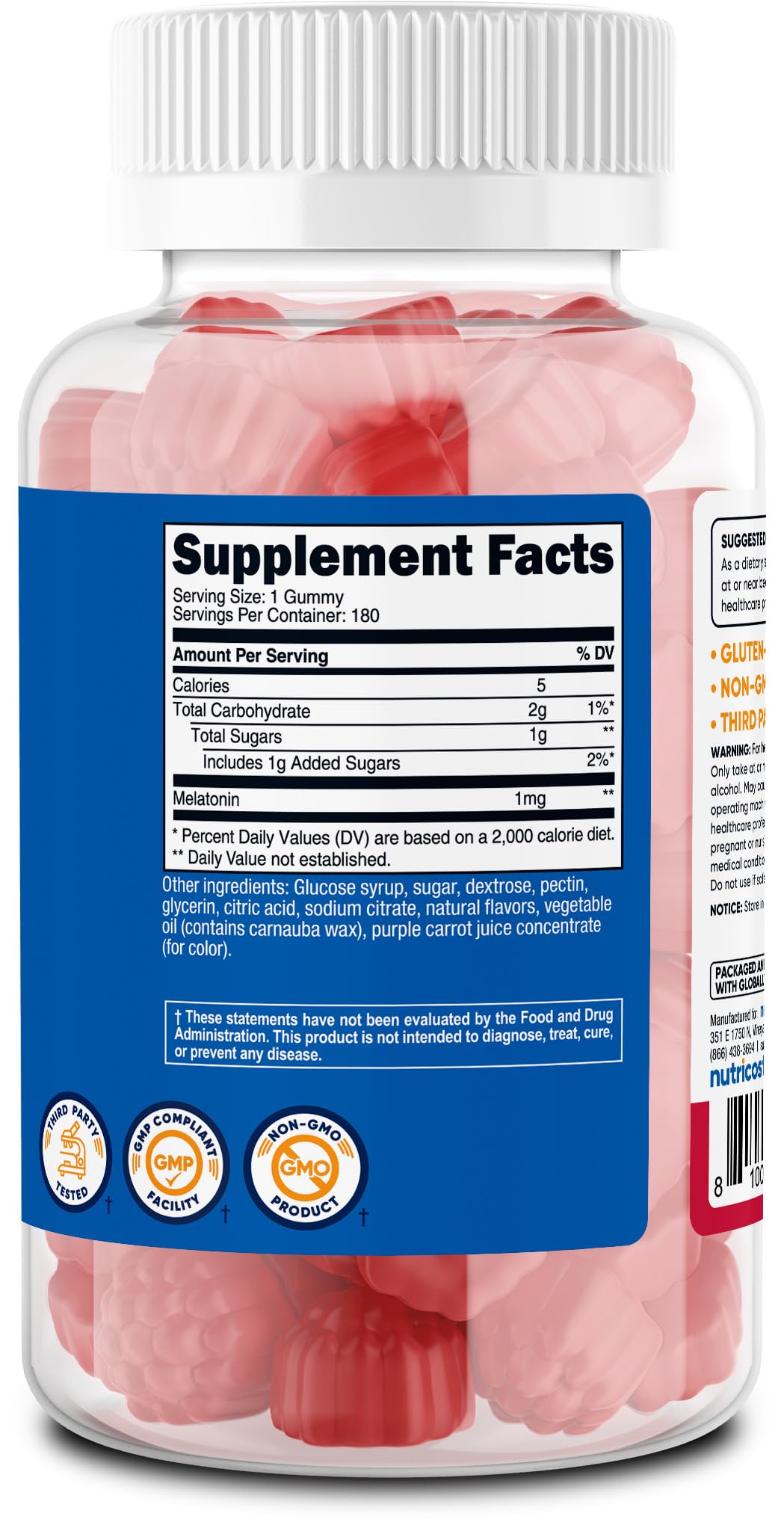 Nutricost Melatonin 1mg Gummies - 180 Strawberry Flavor | Gluten Free, Non-GMO, No Corn Syrup