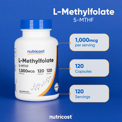 Nutricost Methylfolate 1000mcg – 120 Vegetarian Capsules (Gluten Free, Non-GMO) Pack of 2