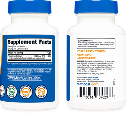 Nutricost Methylfolate 1000mcg – 120 Vegetarian Capsules (Gluten Free, Non-GMO) Pack of 2