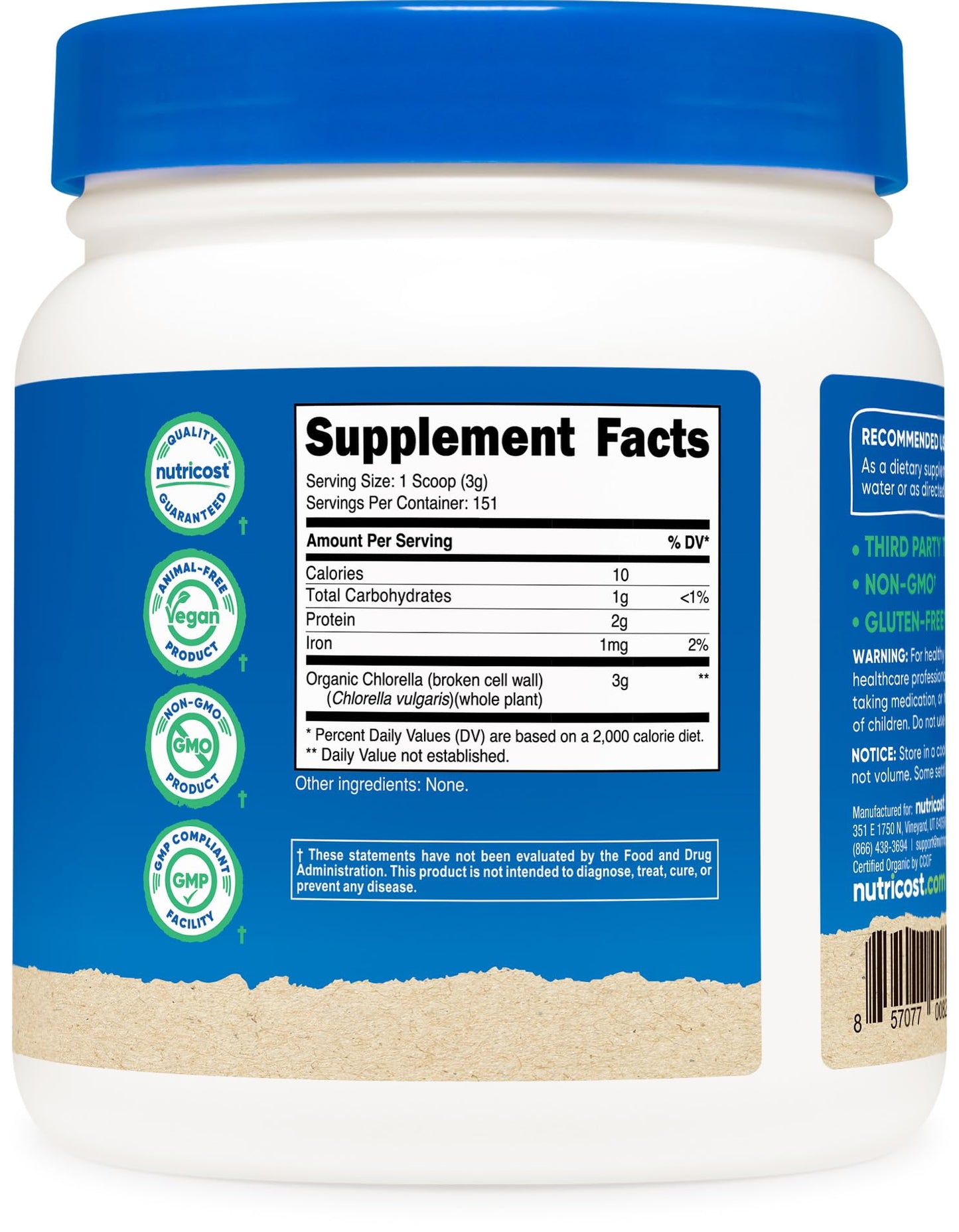 Nutricost Organic Chlorella Powder 16oz (1LB) – 3g Per Serving | Non-GMO, Gluten Free, 3rd Party Tested