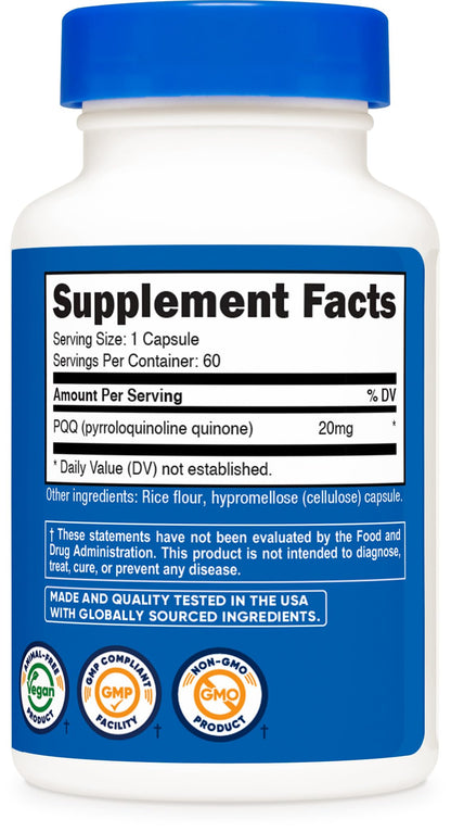 Nutricost PQQ 20mg - 60 Veg Capsules (Pack of 2) - Vegetarian, Non-GMO, Gluten Free