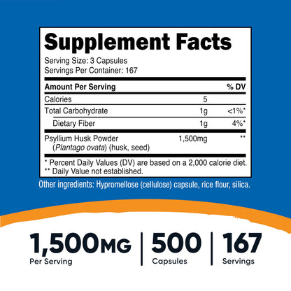 Nutricost Psyllium Husk 1500mg per Serving – 500 Capsules | Non-GMO & Gluten Free
