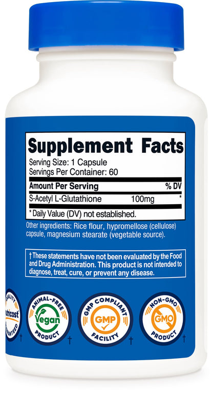Nutricost S-Acetyl L-Glutathione 100mg - 60 Capsules | GMO-Free, Vegan