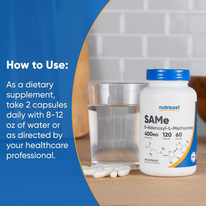 Nutricost SAM-e (S-Adenosyl-L-Methionine) 400mg - 60 Servings, 120 Veggie Capsules, Non-GMO, Gluten Free, Vegetarian
