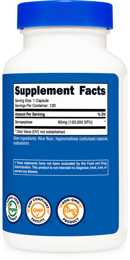 Nutricost Serrapeptase 120,000 SPU - 120 Capsules | Gluten Free, Non-GMO, Vegetarian Friendly
