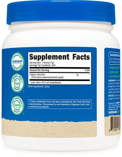 Nutricost Organic Spirulina Powder 454g (1lb) – Pure, Certified Organic Superfood