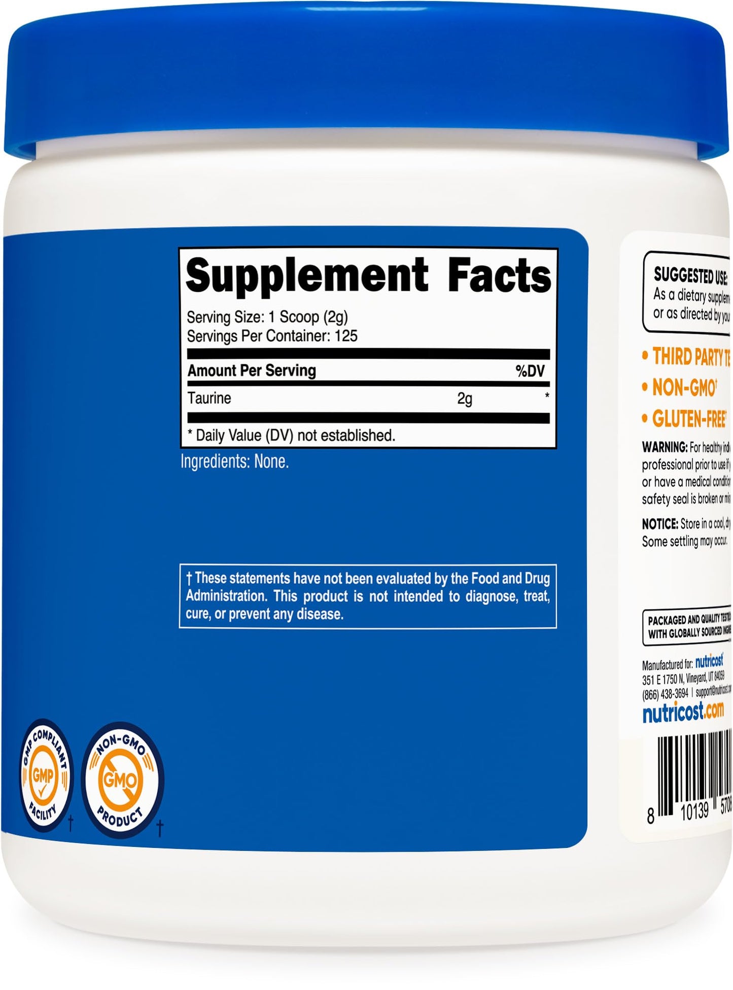 Nutricost Taurine Powder 250 Grams - 125 Servings, 2000mg Per Serving