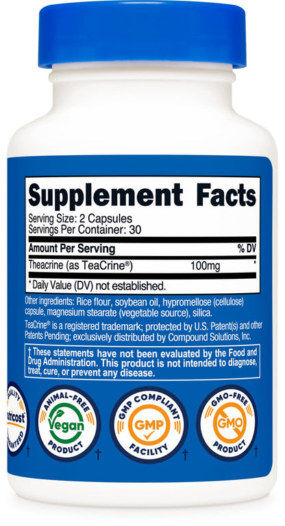 Nutricost Theacrine Teacrine 100 mg – 60 Capsules (30 Servings) | Vegan & GMO-Free
