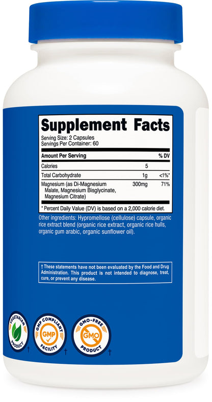 Nutricost Triple Magnesium Complex (300mg) - 120 Capsules, 60 Servings | Di-Mg Malate, Bisglycinate & Citrate