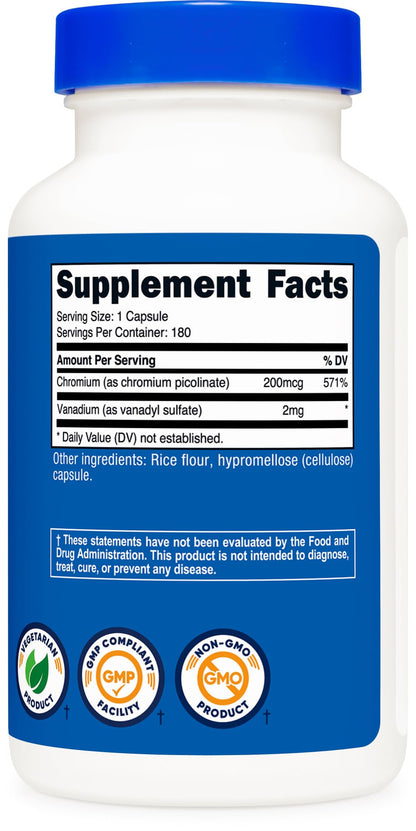 Nutricost Vanadium + Chromium 2mg - 180 Vegetarian Capsules | Gluten Free, Non-GMO Vanadium Supplement