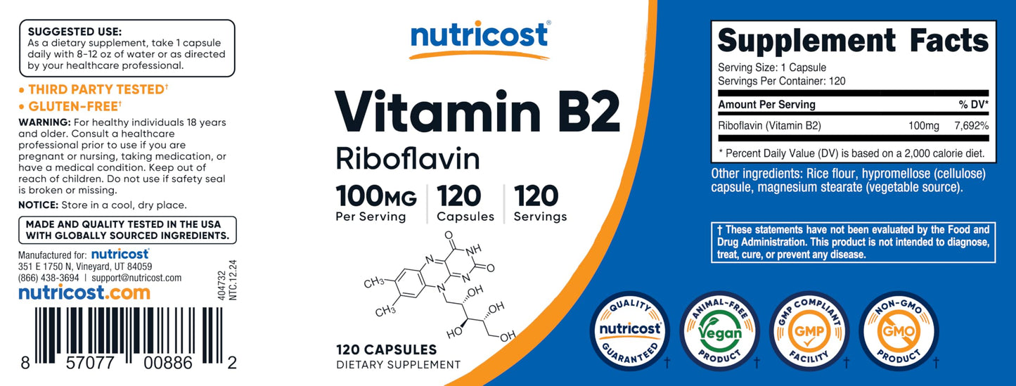 Nutricost Vitamin B2 (Riboflavin) 100mg | 120 Capsules - Gluten Free & Non-GMO (Pack of 2)