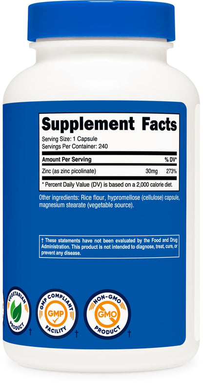 Nutricost Zinc Picolinate 30mg – 240 Capsules | Gluten Free & Non-GMO