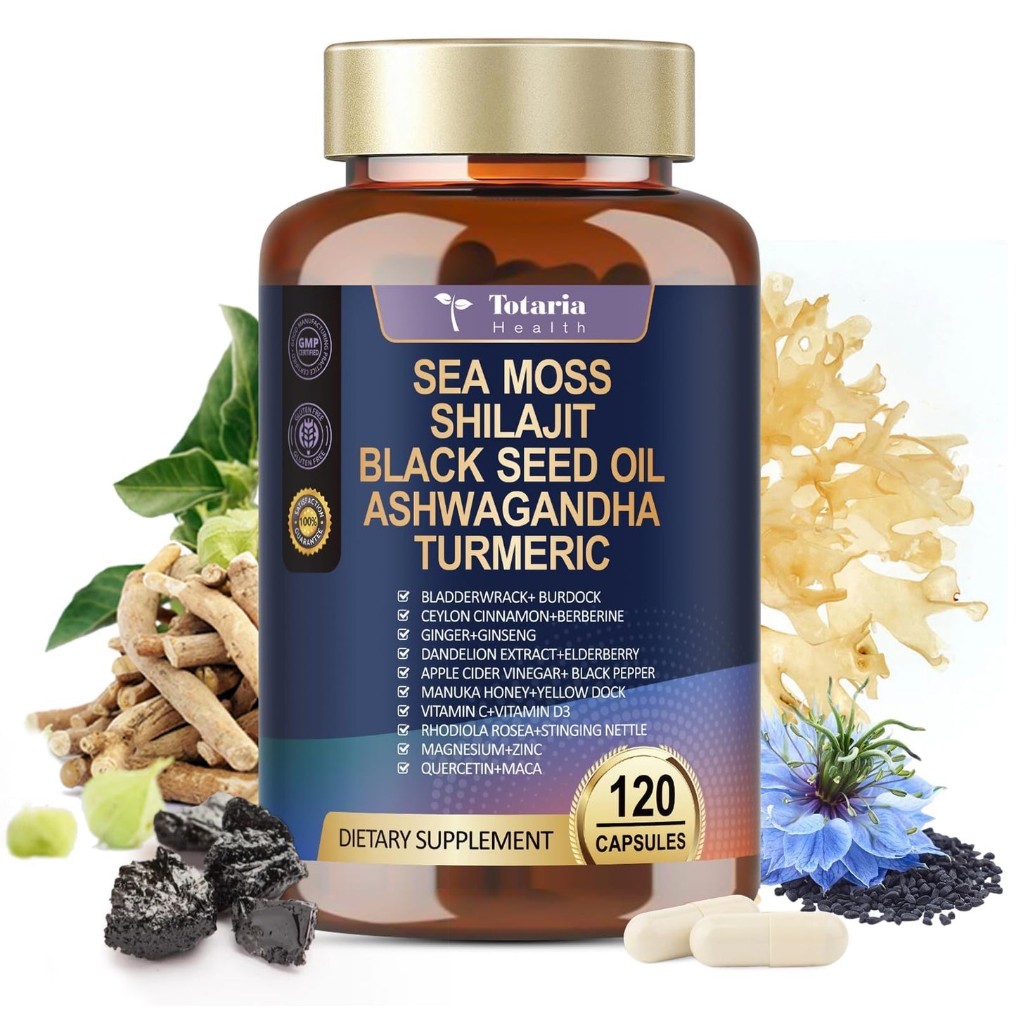 25-in-1 Sea Moss Capsules with Black Seed Oil, Ashwagandha – 120 Vegan Caps