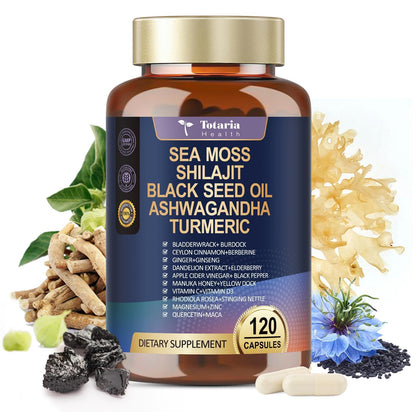 25-in-1 Sea Moss Capsules with Black Seed Oil, Ashwagandha – 120 Vegan Caps