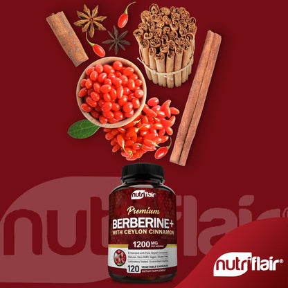 NutriFlair Berberine HCL 1200mg + Cinnamon - 120 Veggie Capsules