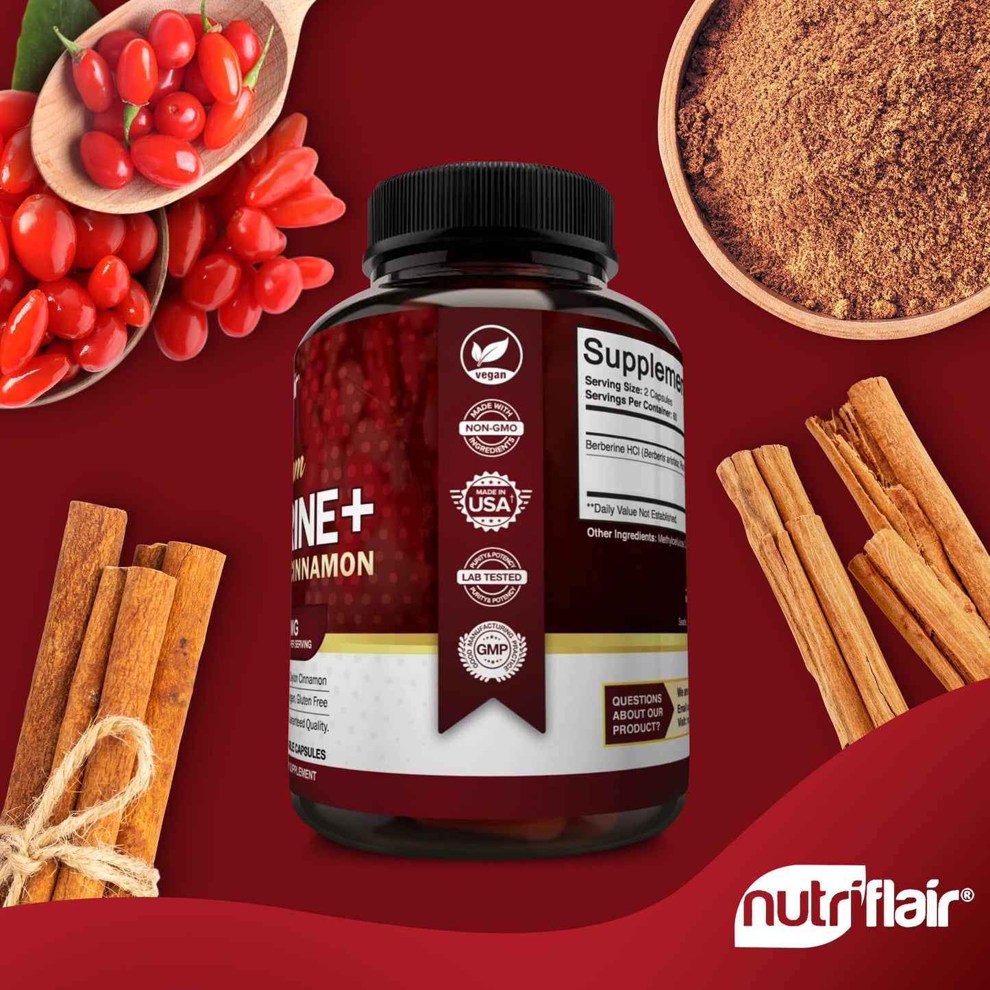 NutriFlair Berberine HCL 1200mg + Cinnamon - 120 Veggie Capsules