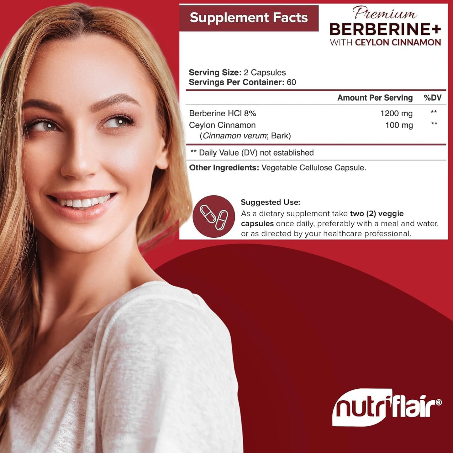 NutriFlair Berberine HCL 1200mg + Cinnamon - 120 Veggie Capsules