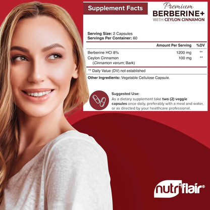 NutriFlair Berberine HCL 1200mg + Cinnamon - 120 Veggie Capsules