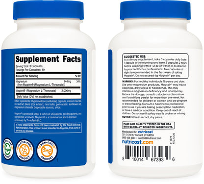 Nutricost Magnesium L-Threonate (Magtein) 2000mg – 120 Capsules – Non-GMO, Gluten Free, Vegetarian Friendly