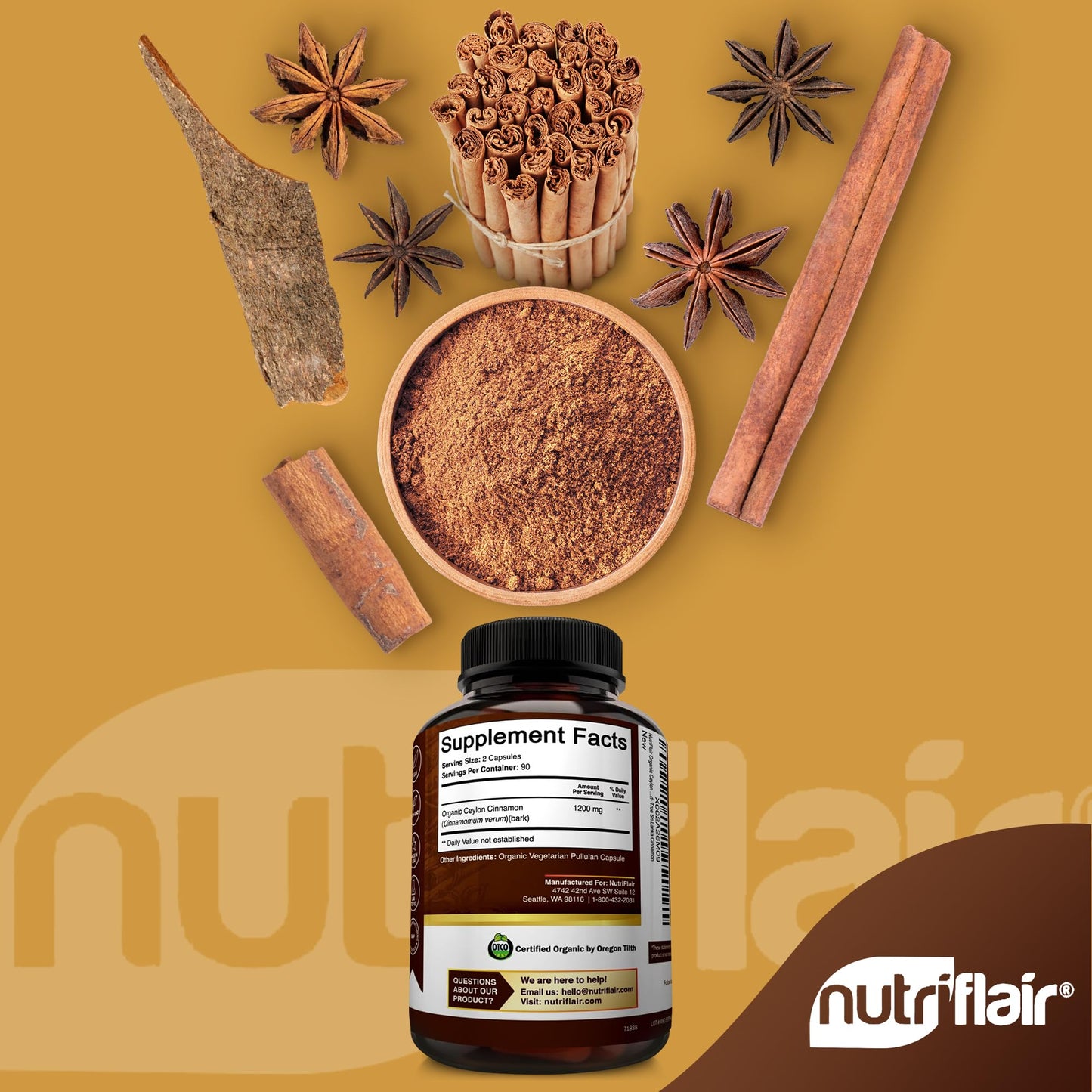 NutriFlair Organic Ceylon Cinnamon – 1200mg per Serving, 180 Capsules | Joints, Inflammation, Antioxidant