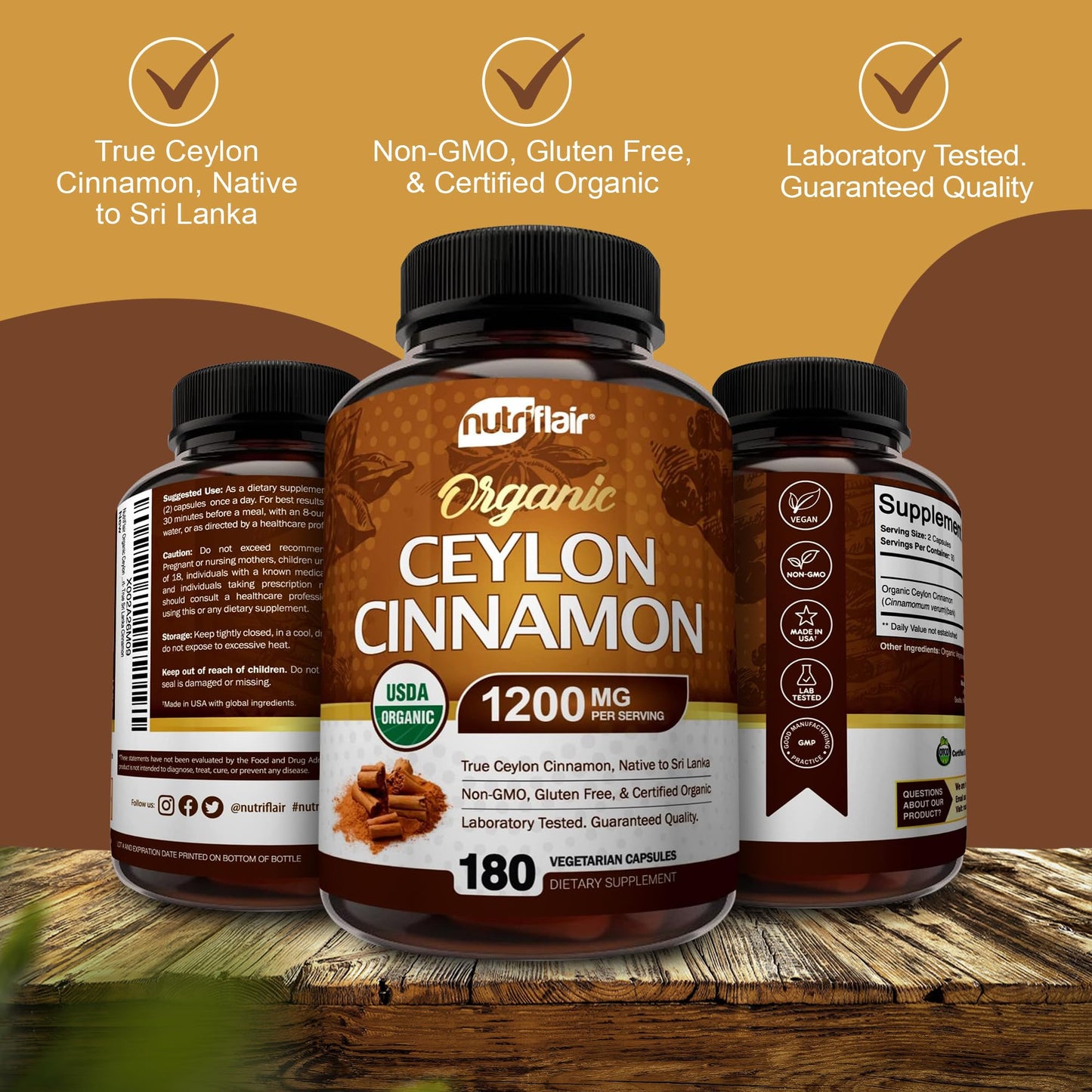 NutriFlair Organic Ceylon Cinnamon – 1200mg per Serving, 180 Capsules | Joints, Inflammation, Antioxidant