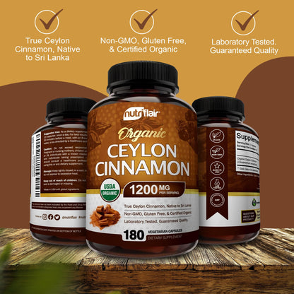 NutriFlair Organic Ceylon Cinnamon – 1200mg per Serving, 180 Capsules | Joints, Inflammation, Antioxidant