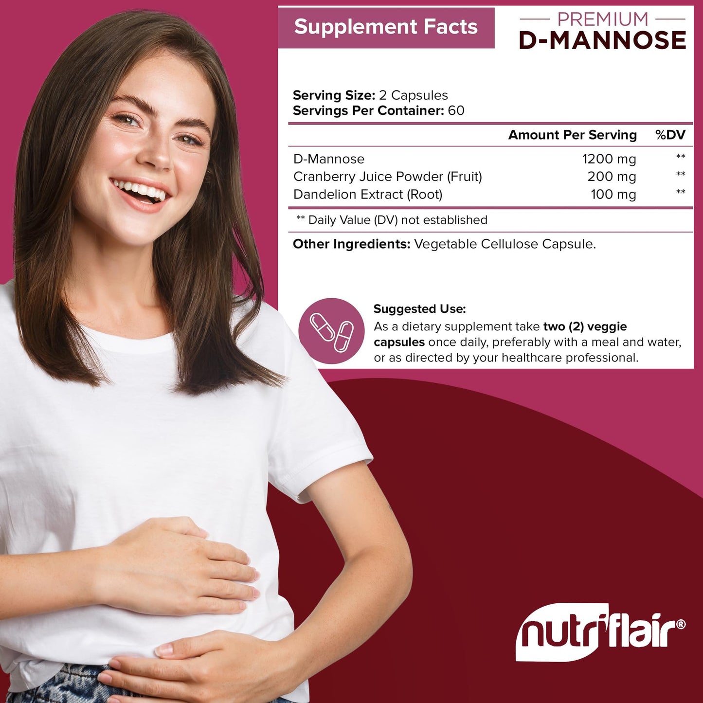 NutriFlair D-Mannose 1200mg: 120 Vegan Capsules | Cranberry & Dandelion Urinary Tract Health