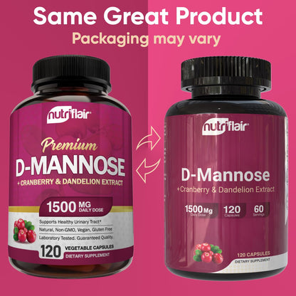 NutriFlair D-Mannose 1200mg: 120 Vegan Capsules | Cranberry & Dandelion Urinary Tract Health