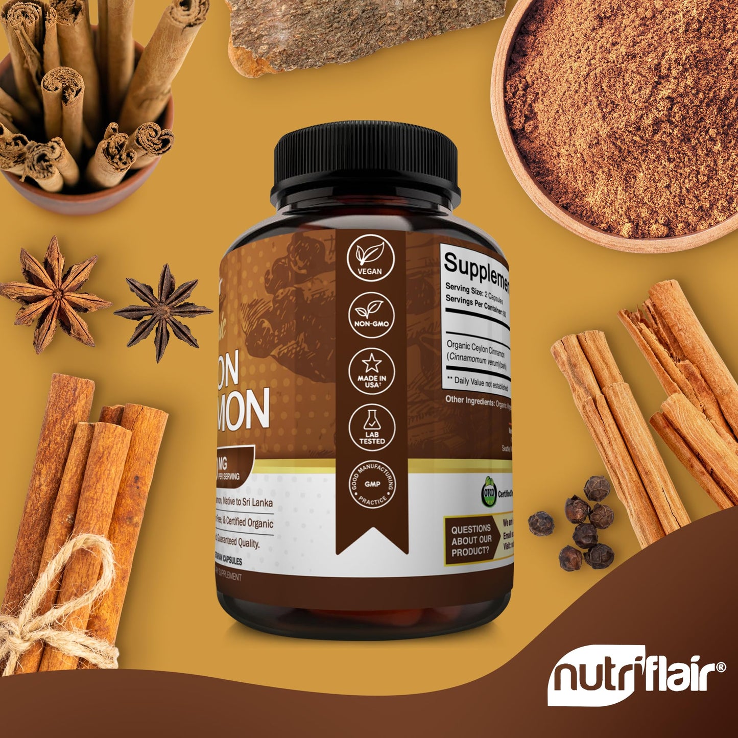 NutriFlair Organic Ceylon Cinnamon 1200mg – 120 Capsules