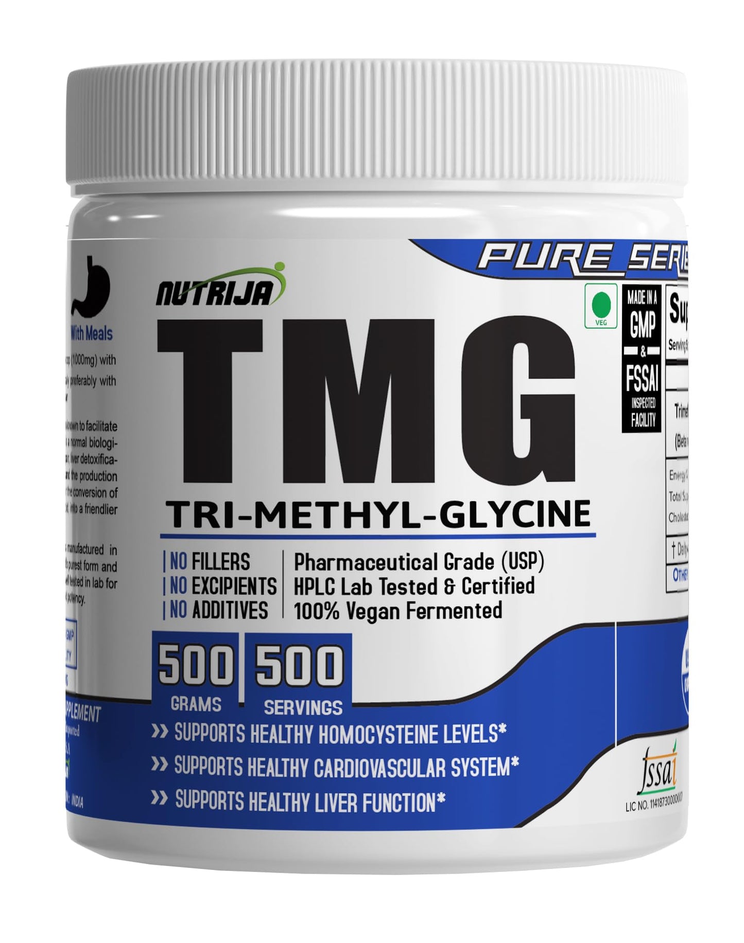 NutriJa TMG (Trimethylglycine) Betaine Anhydrous 500g | USP Pharmaceutical Grade