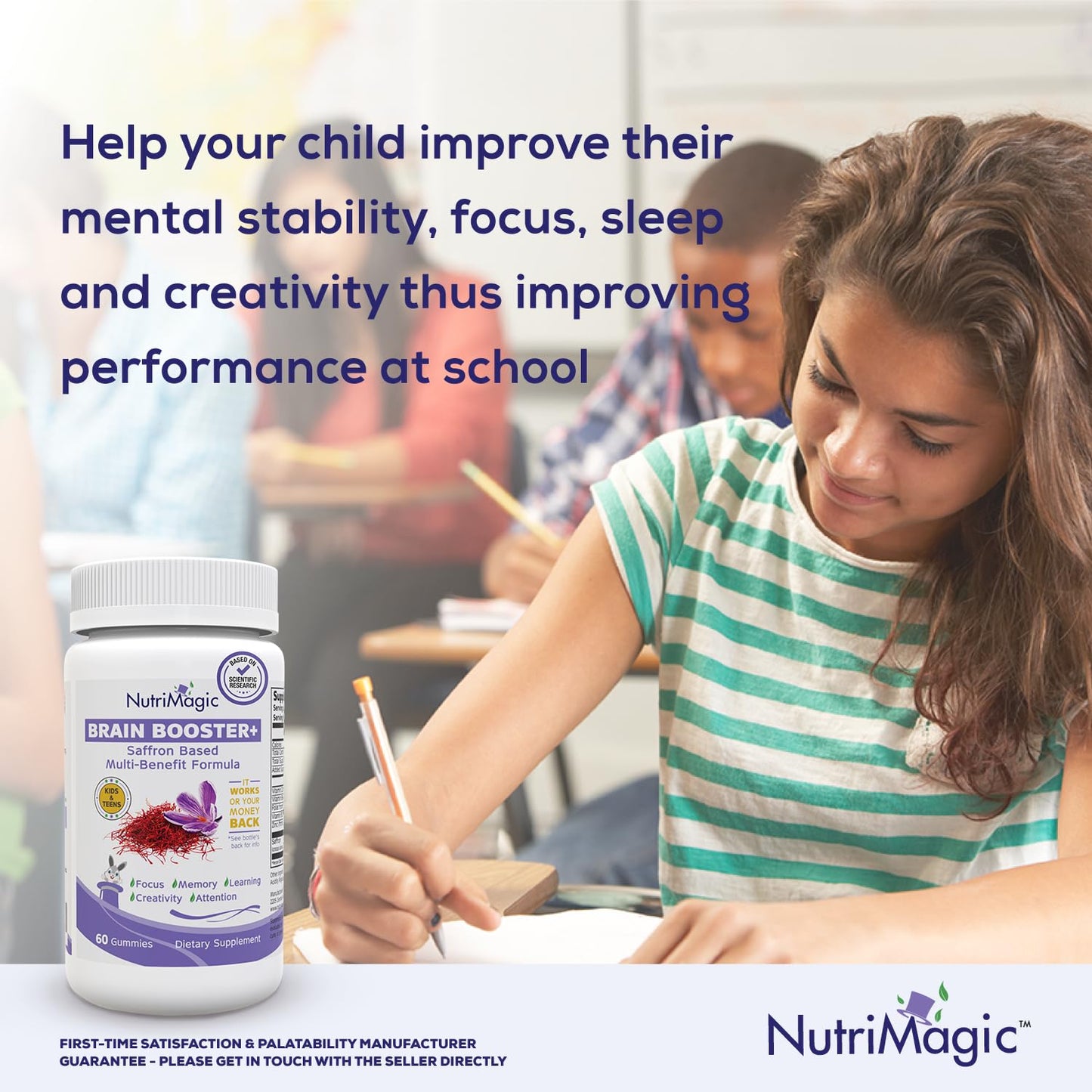 NutriMagic Brain Booster+ Kids Saffron Gummies – 30mg Saffron, D3, B6, B12, Zinc | Focus & Memory