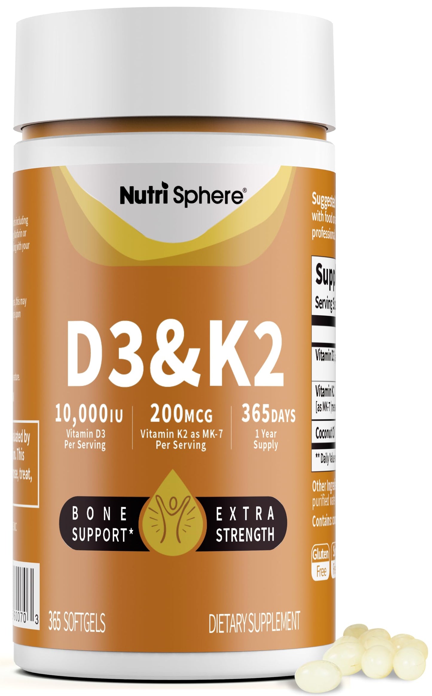 NutriSphere Vitamin D3 and K2 MK-7 – 365 Softgels, 10,000 IU D3 / 200 mcg K2 MK-7