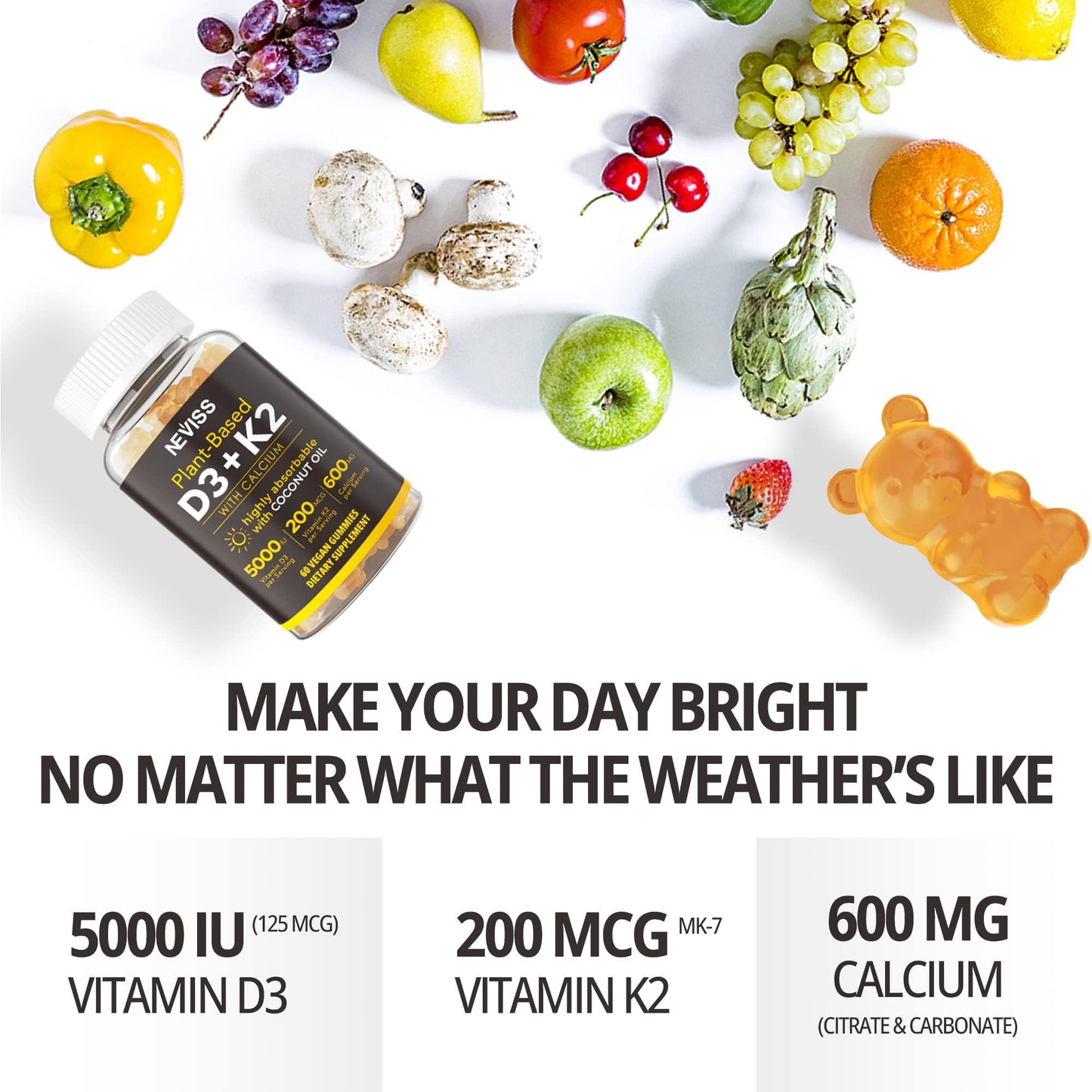 Vitamin D3 5000iu & K2 MK7 Gummies + Calcium – Vegan, High-Absorption 60 Count