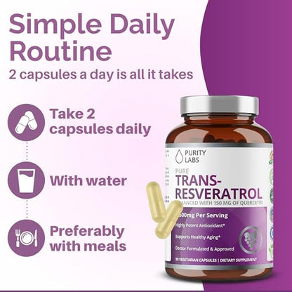 Purity Labs Trans-Resveratrol with Quercetin – Pure Organic Vegan Antioxidant (90 Caps)
