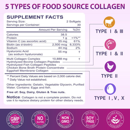 Multi Collagen Peptides Softgels (Type I-X) with Biotin, Vitamin C & Hyaluronic Acid | Grass-Fed, Non-GMO | 60 Softgels, 2-Pack