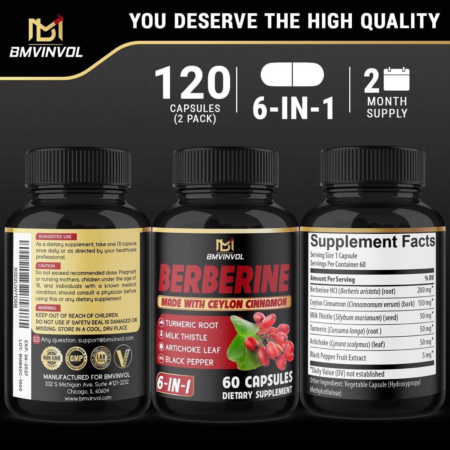 Berberine with Ceylon Cinnamon, Turmeric, Milk Thistle – 120 Capsules, 4 Months
