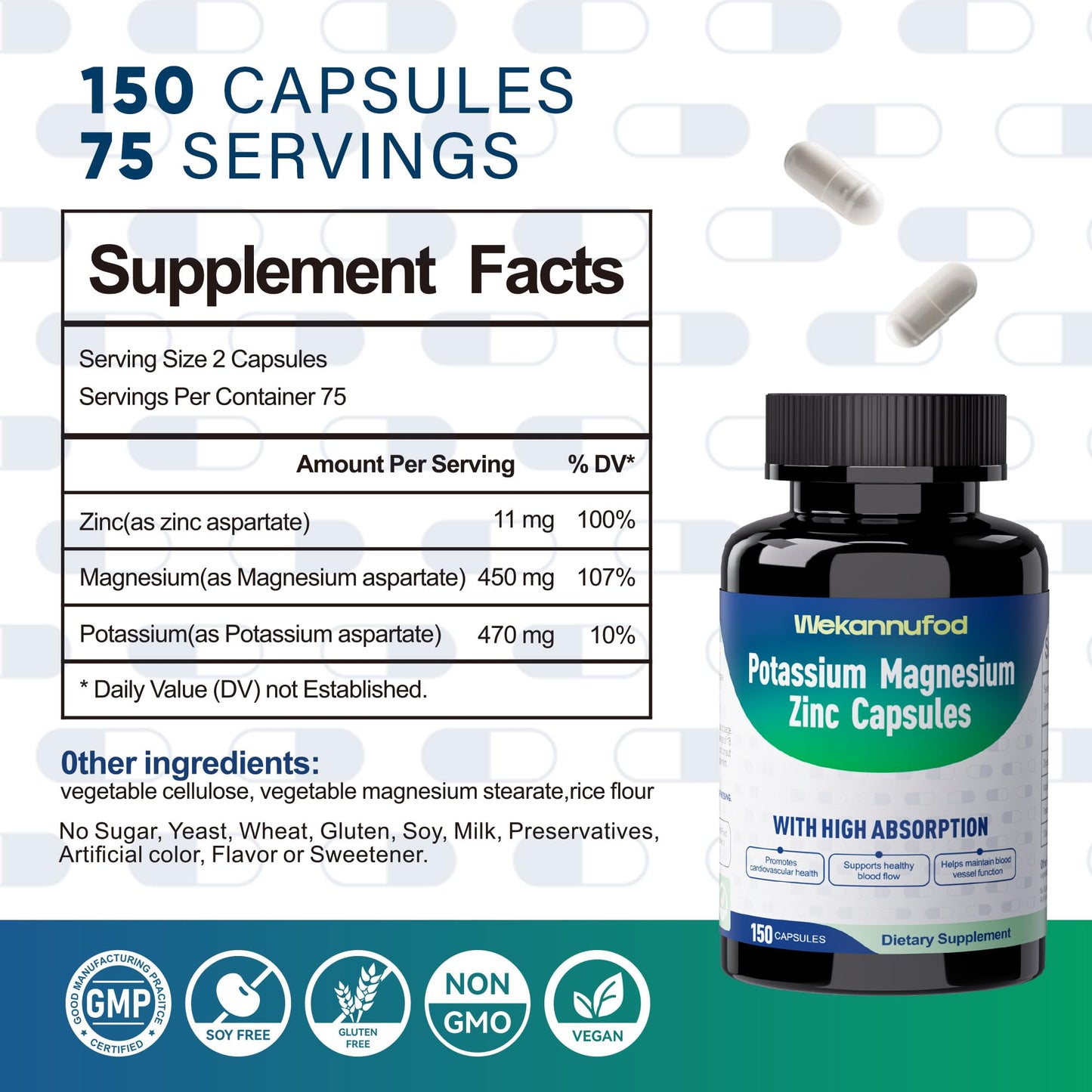 Potassium Magnesium Supplement - 150 Capsules | High Absorption Magnesium Complex