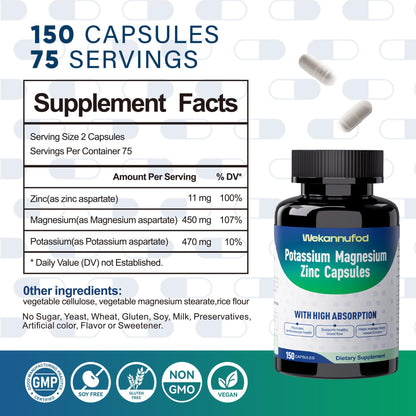 Potassium Magnesium Supplement - 150 Capsules | High Absorption Magnesium Complex