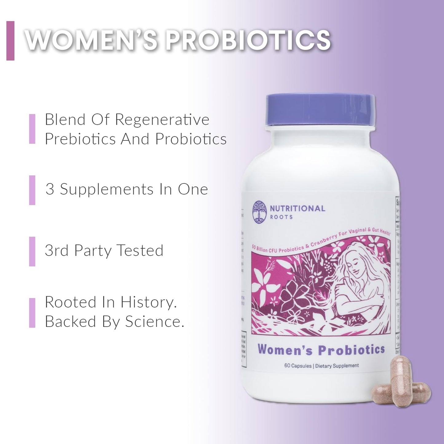 Nutritional Roots Women's Probiotics | Vaginal & Gut Health | Organic Prebiotics & Cranberry | 60 Servings
