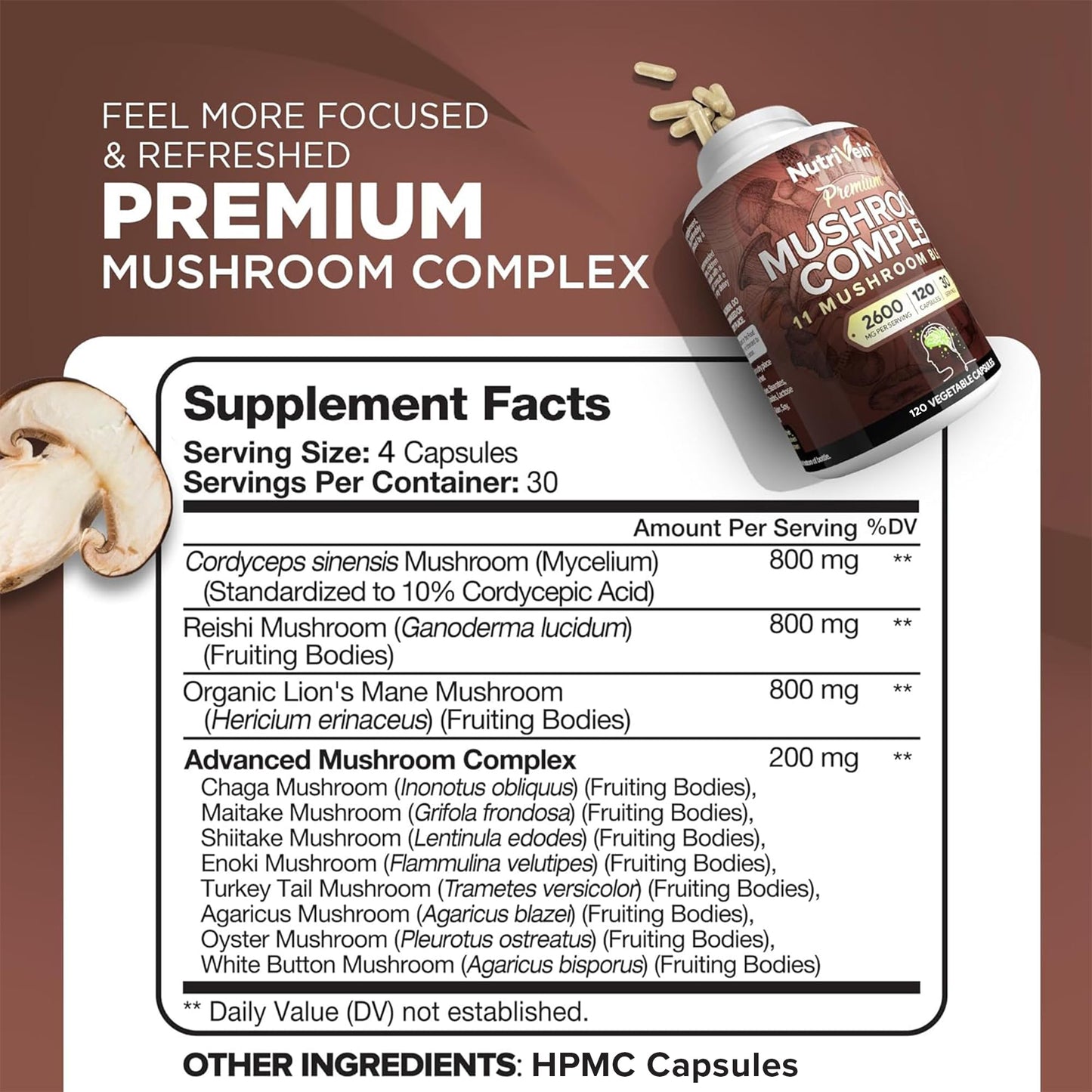 Nutrivein Premium Mushroom Supplement 2600 mg - 120 Capsules - 11-Mushroom Complex (Lion's Mane, Cordyceps, Reishi)