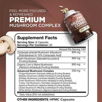 Nutrivein Premium Mushroom Supplement 2600 mg - 120 Capsules - 11-Mushroom Complex (Lion's Mane, Cordyceps, Reishi)