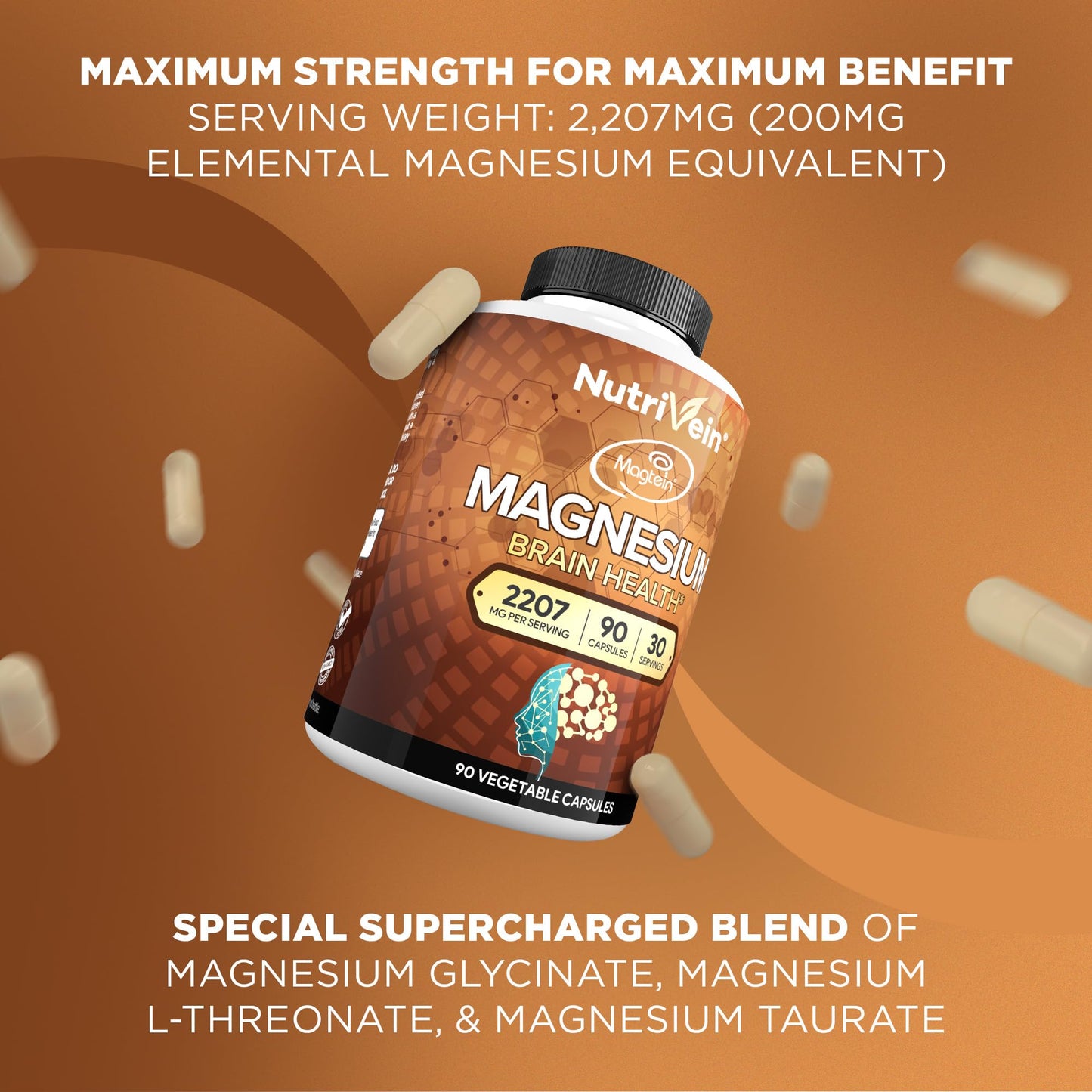 Nutrivein Magtein Magnesium L-Threonate 2207 mg – 90 Capsules | Brain, Sleep & Mood Support