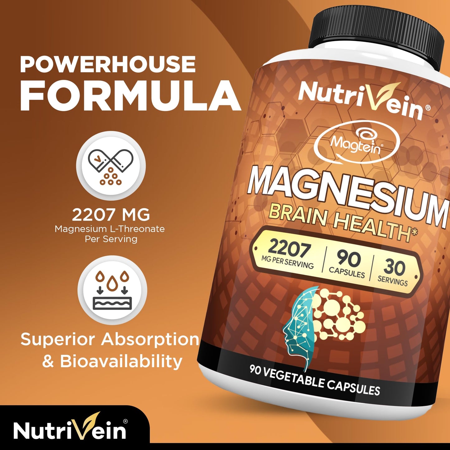 Nutrivein Magtein Magnesium L-Threonate 2207 mg – 90 Capsules | Brain, Sleep & Mood Support